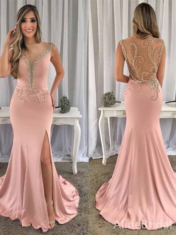 Gorgeous Pink V-neck Illusion Lace Beadings Split Side Mermaid Long Prom Dress,PD382013