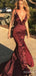 Sexy Burgundy V-neck Lace Up Side Slit Mermaid Long Prom Dress, PD382016