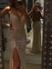 Sparkly Champagne Gold V-neck Side Slit Mermaid Floor Length Prom Dress, PD3668