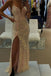 Sparkly Champagne Gold V-neck Side Slit Mermaid Floor Length Prom Dress, PD3668