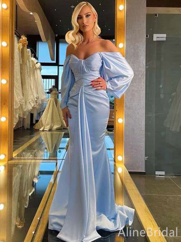 Elegant V-neck Blue Off-Shoulder Long Mermaid Prom Dress with Long Sleeves, PD382028