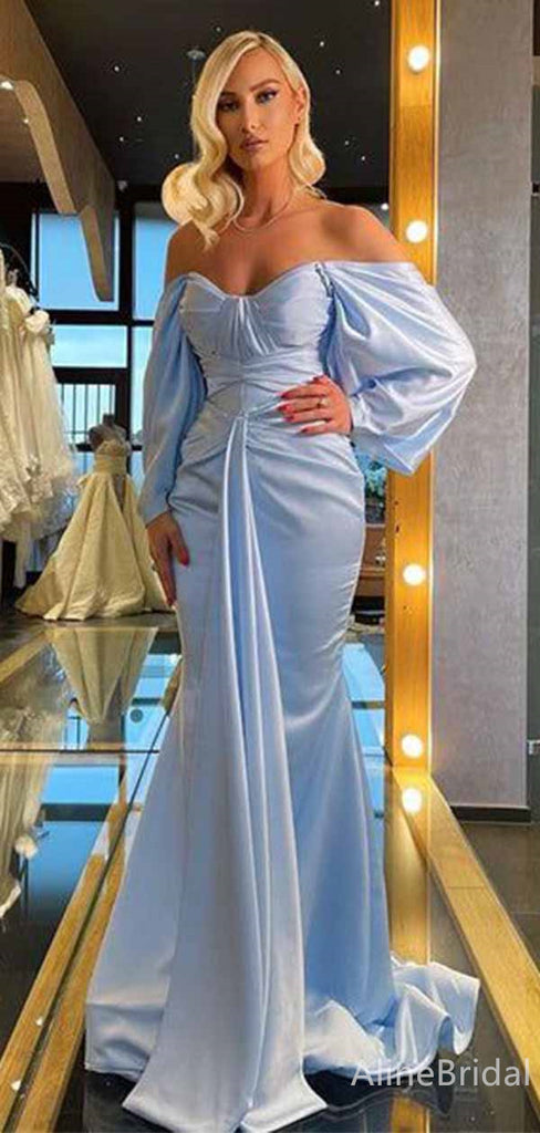 Elegant V-neck Blue Off-Shoulder Long Mermaid Prom Dress with Long Sleeves, PD382028