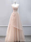 Pastel V-neck Spaghetti Strap Pleated A-line Long Tulle Prom Dress, PD382041
