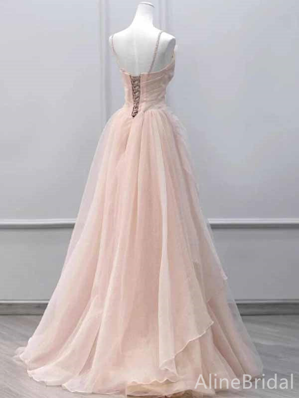 Pastel V-neck Spaghetti Strap Pleated A-line Long Tulle Prom Dress, PD382041
