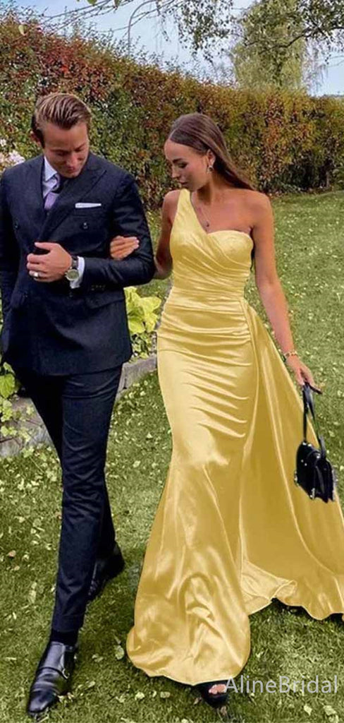 Elegant Yellow One-Shoulder Long Mermaid Prom Dress, Evening Dress, PD382048