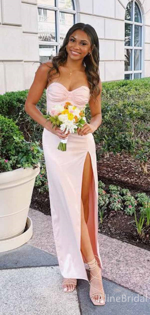 Elegant Pink Strapless Pleated Side Slit Mermaid Long Prom Dress, PD382054
