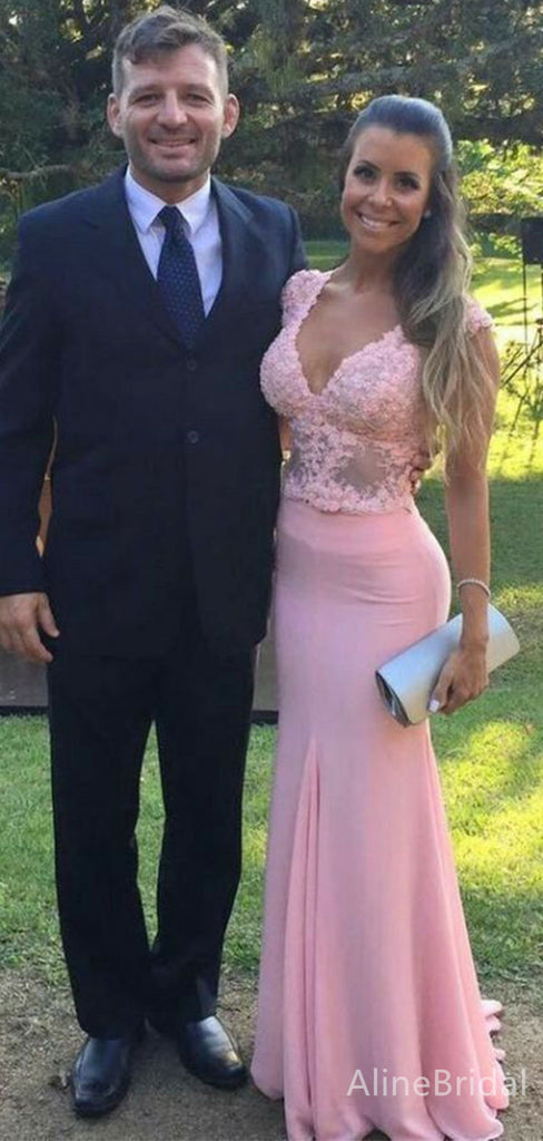 Elegant V-neck Pink Lace Appliques Long Mermaid Prom Dress, Evening Dress, PD382064