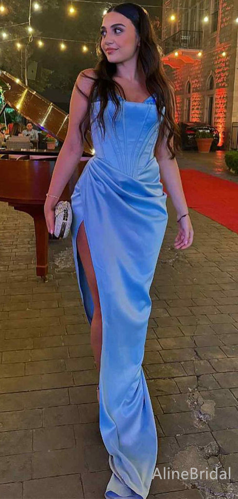 Elegant Blue Strapless Corset Mermaid Long Prom Dress with Side Slit, Evening Dress,PD382074