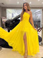 Elegant Yellow One-Shoulder A-line Long Prom Dress with Side Slit, Evening Dress, PD382075