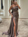 Gorgeous Mocha Spaghetti Strap Pleated Maxi Long Prom Dress with Slit, Evening Dress, PD382104