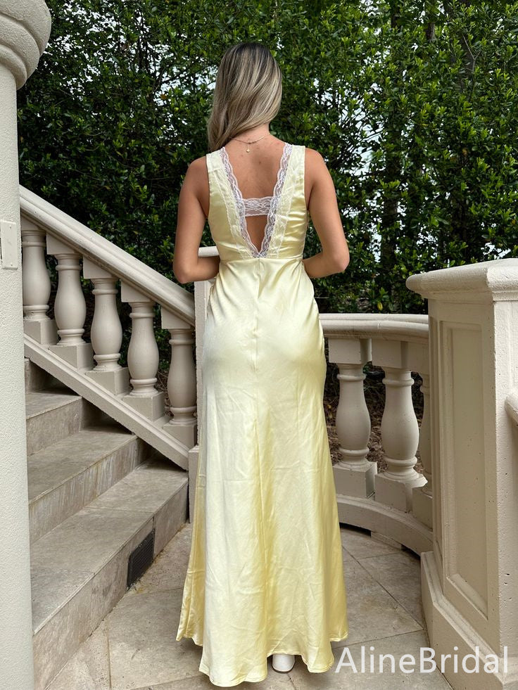 Elegant Yellow V-neck Lace-Trim Long Prom Dress, Evening Dress, PD382105