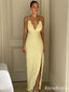 Sexy Light Yellow V-neck Lace Trim Backless Long Mermaid Prom Dress wit Slit, Evening Dress, PD382124