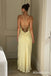 Sexy Light Yellow V-neck Lace Trim Backless Long Mermaid Prom Dress wit Slit, Evening Dress, PD382124