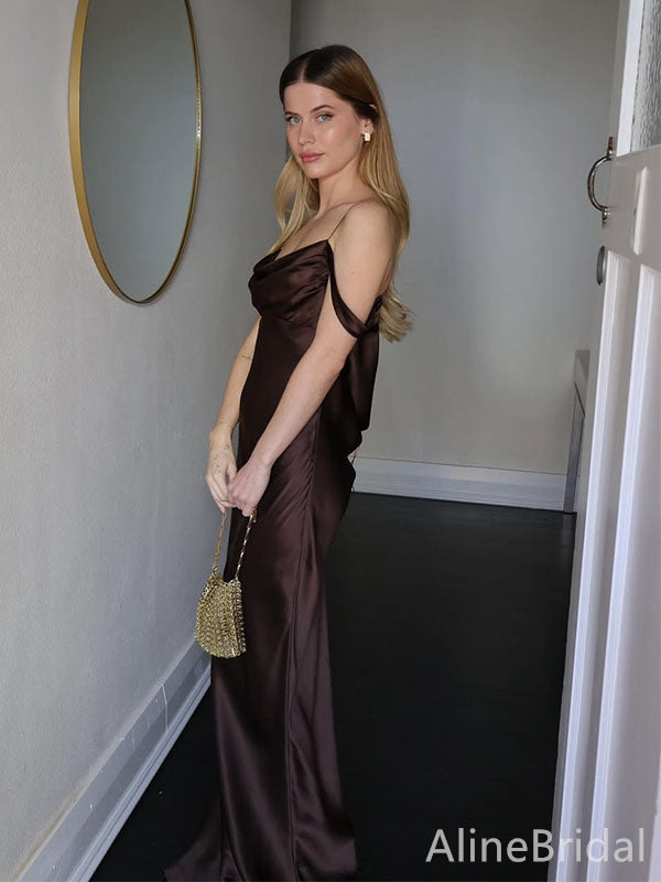 Unique Dark Brown Off-Shoulder Spaghetti Strap Backless Long Mermaid Prom Dress, Evening Dress, PD382156