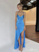 Elegant V-neck Blue Spaghetti Strap Mermaid Side Slit Long Prom Dress,Evening Dress,PD382167