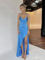 Elegant V-neck Blue Spaghetti Strap Mermaid Side Slit Long Prom Dress,Evening Dress,PD382167