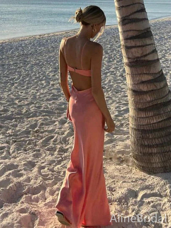 Stylish Peach Pink Spaghetti Strap Backless Long Prom Dress, Evening Dress, PD382168