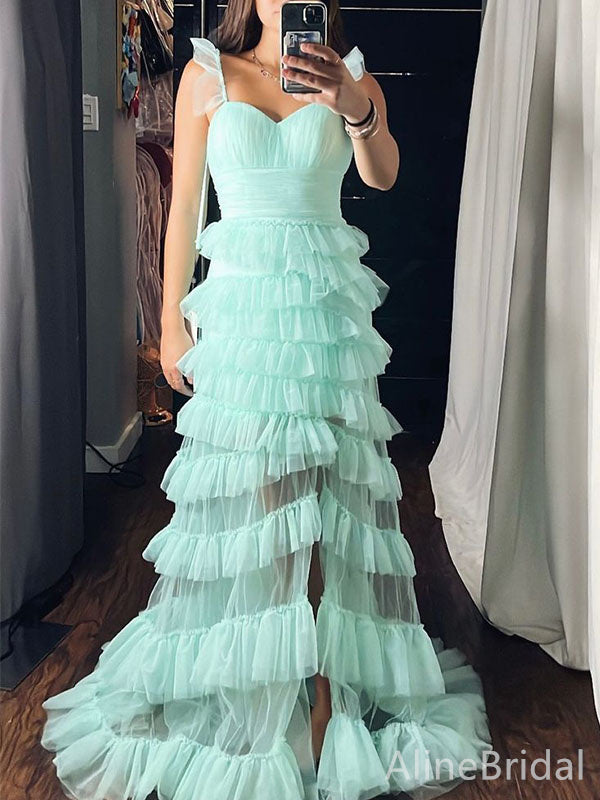 Fresh Green Sweetheart A-line Long Tiered Tulle Prom Dress, Evening Dress, PD382177