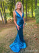 Elegant V-neck Blue Mermaid Long Prom Dress,Evening Dress,PD382186