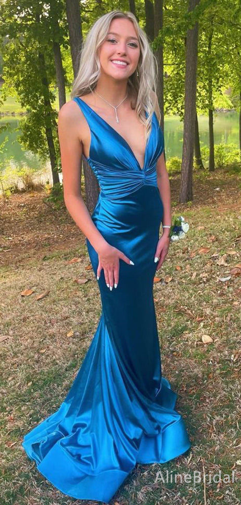 Elegant V-neck Blue Mermaid Long Prom Dress,Evening Dress,PD382186