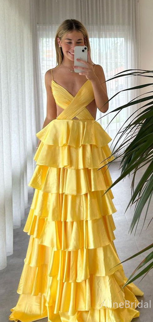 Elegant V-neck Light Yellow Spaghetti Strap A-line Long Prom Dress,Evening Dress,PD382188