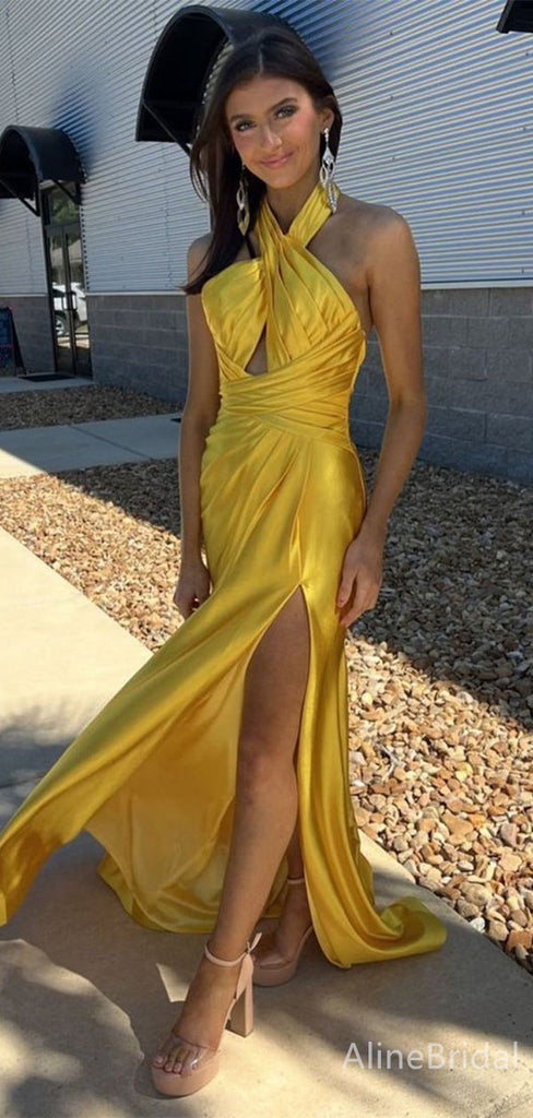 Gorgeous Yellow Halter Split Side Mermaid Long Prom Dress,Evening Dress,PD382200