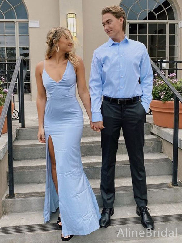 Elegant V-neck Light Blue Spaghetti Strap Mermaid Split Side Long Prom Dress,Evening Dress,PD382202