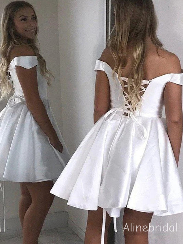 Elegant Ivory Off The shoulder Lace-up Back A-line  Soft Satin Short Homecoming Dress, Prom Dress, PD382252