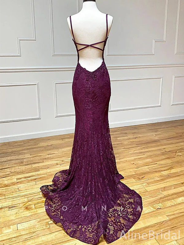 Glamorous Lace Beadings V-neck Spaghetti Strap Mermaid Side Slit Long Prom Dress,Evening Dress,PD37744