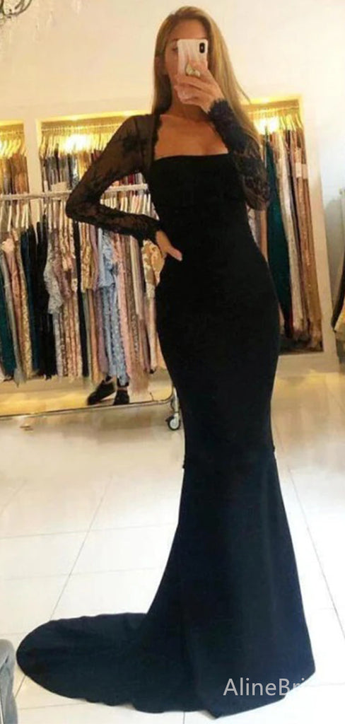 Sexy Black Long Sleeves Long Mermaid Prom Dress with Sheer Back, Evening Dress, PD37852