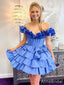 Elegant Blue V-neck Off-Shoulder A-line Short Mini Homecoming Dress with Tiered Ruffles, HD32677