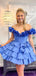 Elegant Blue V-neck Off-Shoulder A-line Short Mini Homecoming Dress with Tiered Ruffles, HD32677