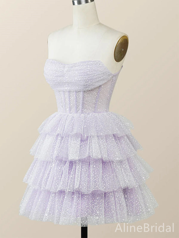 Elegant Purple Strapless A-line Short Mini Layered Tulle Homecoming Dress, HD32680