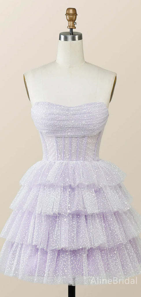 Elegant Purple Strapless A-line Short Mini Layered Tulle Homecoming Dress, HD32680