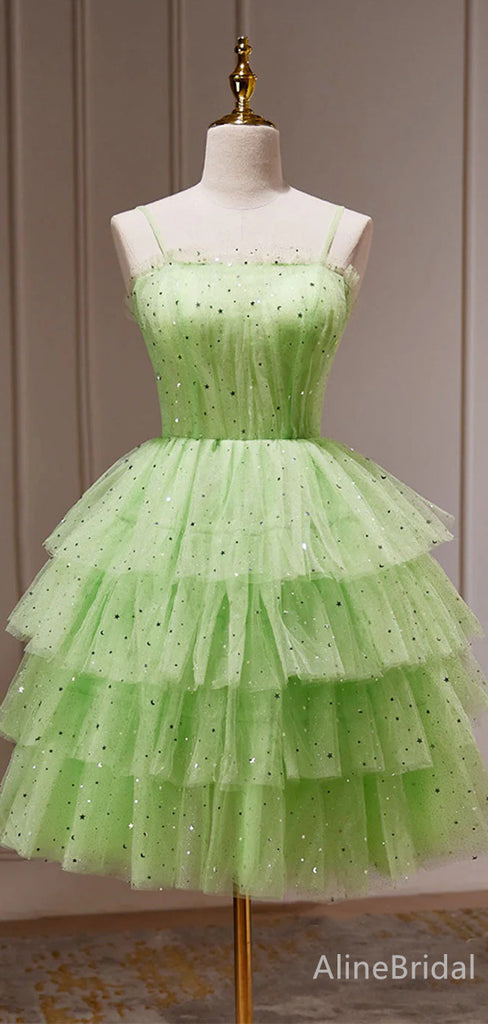 Elegant Light Green Spaghetti Strap A-line Short Homecoming Dress-Mini Layered Tulle Dress, H D32695