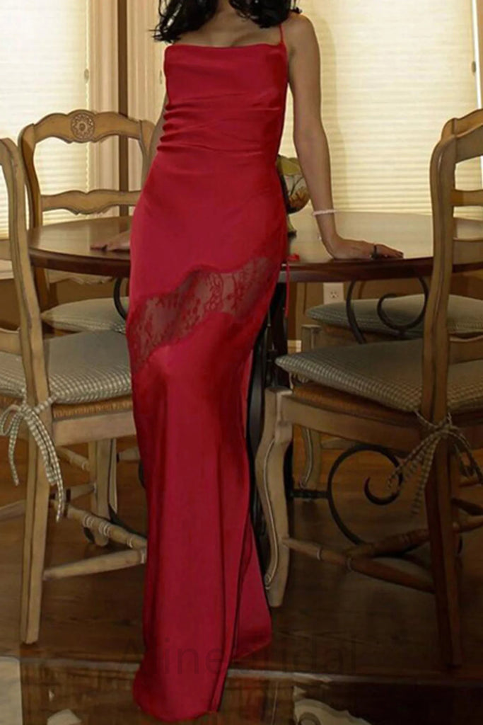Sexy Red Spaghetti Straps Sleeveless Mermaid Floor Length Prom Dress, PD3684