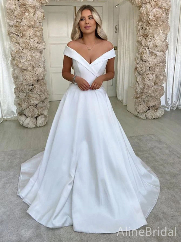 Romantic V-neck Off-Shoulder A-line Long Wedding Dresses, WD3085