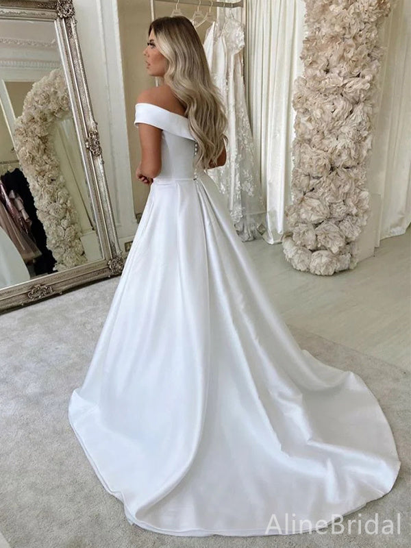 Romantic V-neck Off-Shoulder A-line Long Wedding Dresses, WD3085
