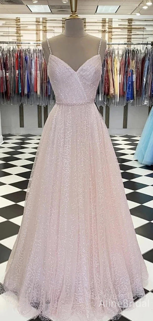 Sparkly V-neck Spaghetti Strap A-line Long Prom Dress,PD38067