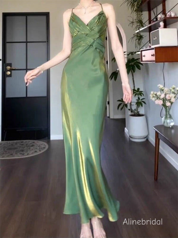 Emerald Green Satin Gown with Crisscross Ruched Bodice, Formal Dress, PD382287