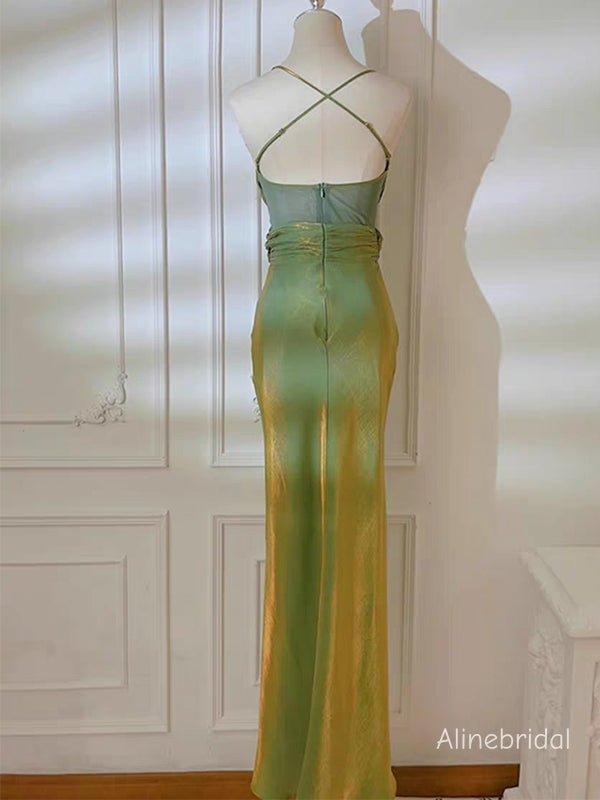 Emerald Green Satin Gown with Crisscross Ruched Bodice, Formal Dress, PD382287