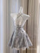 Sexy  Spaghetti Lace-up Back A-line  Silver Sequins Mini Homecoming Dress, PD382258