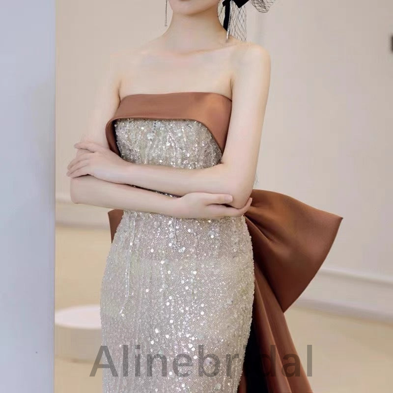 Sparkly Champagne Strapless Sleeveless Sheath Long Prom Dress, PD3574