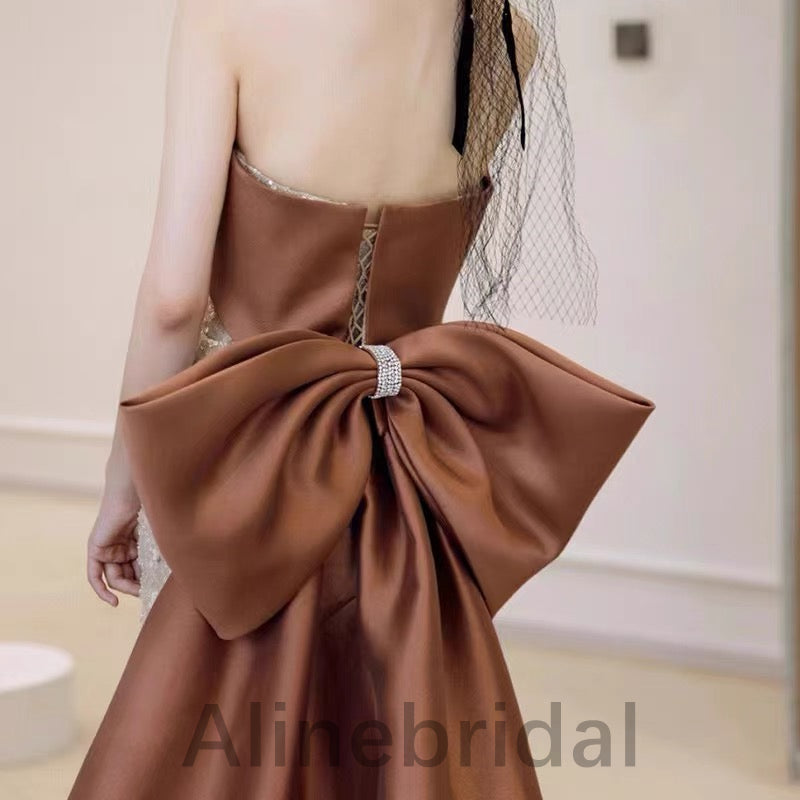 Sparkly Champagne Strapless Sleeveless Sheath Long Prom Dress, PD3574