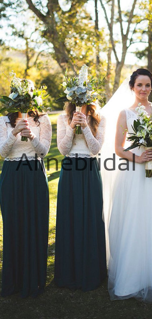 Elegant Lace Top Blue Skirt A-line Modest Bridesmaid Dress with Sleeves, AB4226