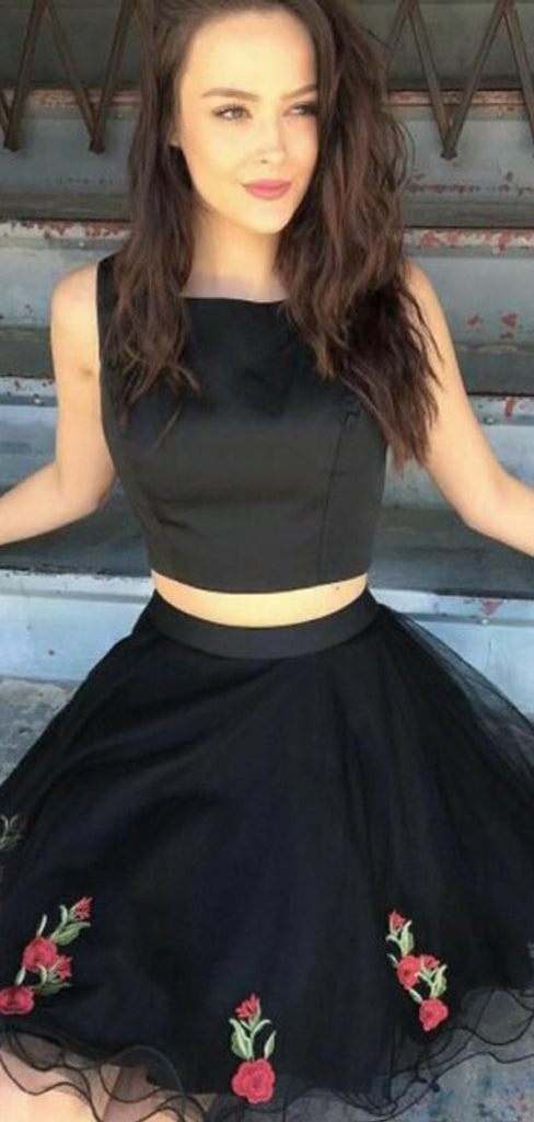Black Two Piece Tulle Embroidery Sleeveless Homecoming Dresses,HD0034