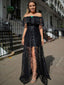 Charming Black Lace Off Shoulder Front Slit A-line Prom Dresses.PD00269