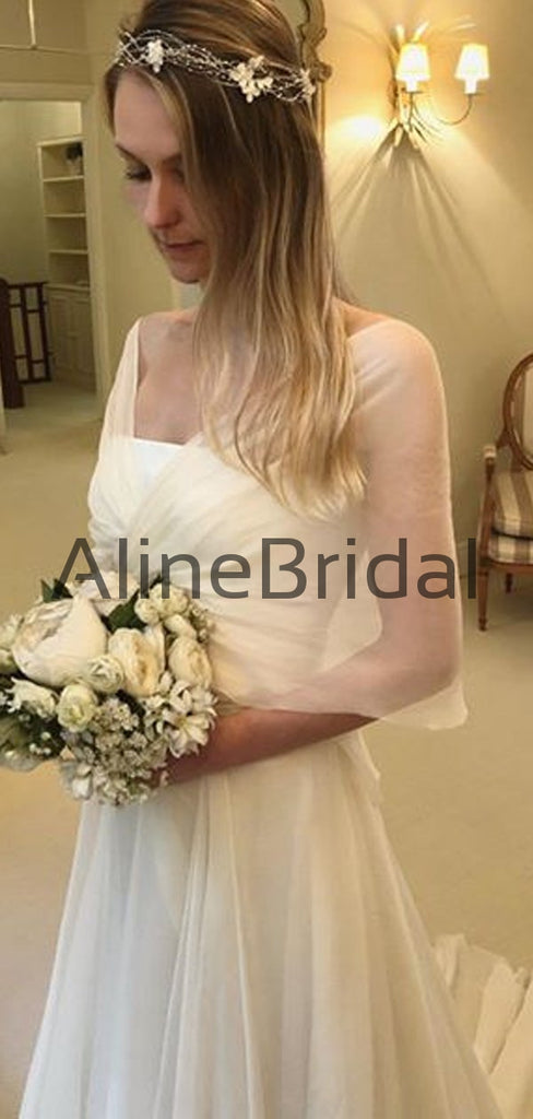 Romantic Chiffon Strapless A-line Layered Tulle Wedding Dresses with Train, AB1560