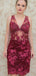 Dark Red Lace Beading Sheath V-neck Sleeveless Homecoming Dresses,HD0048
