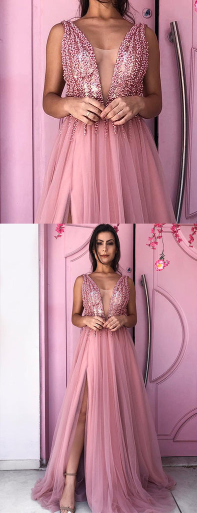 Dusty Rose Beading Tulle Sleeveless A-line Prom Dresses,PD00187